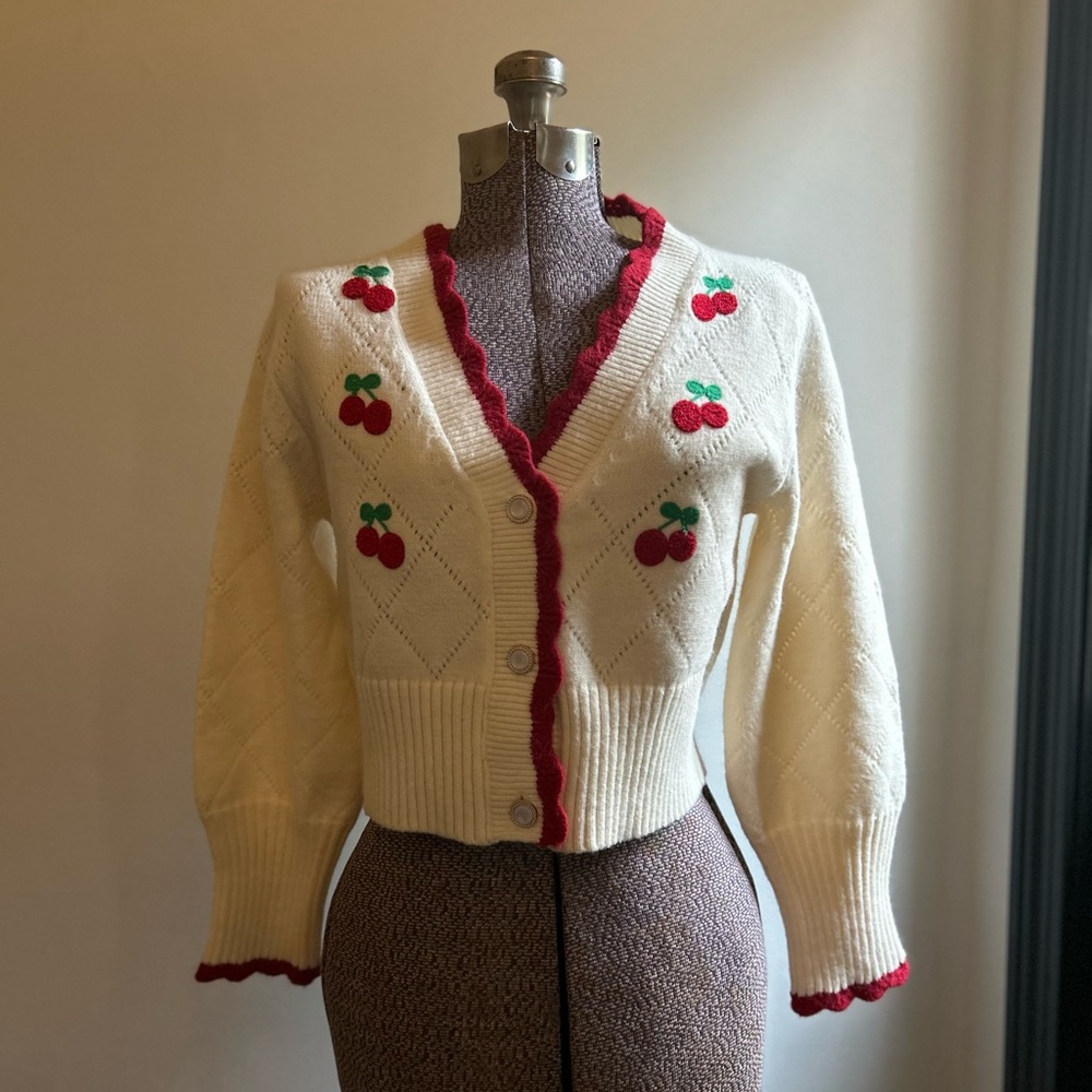 Cider Cream and Red Knit Sweater with embroidered cherry detail, Size Small